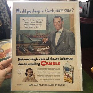 Vintage 50s Double ad: Henry Fonda for Camel Cigarettes & I.W. Harper Whiskey